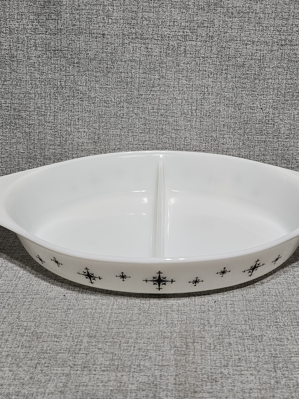 Pyrex White Divided Serving Dish with Black Starburst Pattern